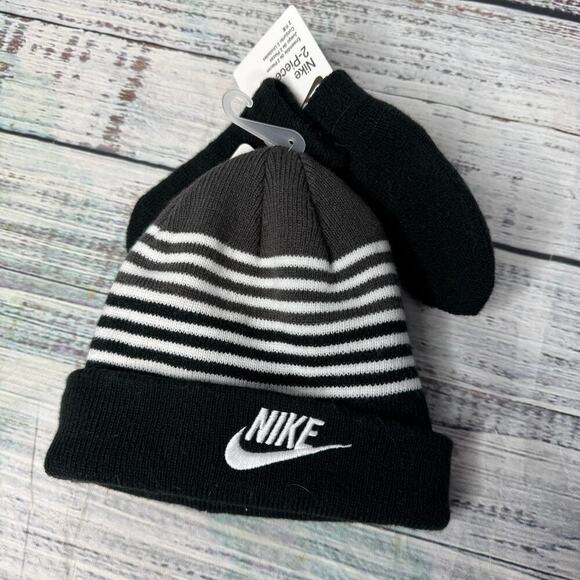 Nike Beanie and Mitten Set Black Stripes NEW Baby 12/24 Months - Picture 1 of 3